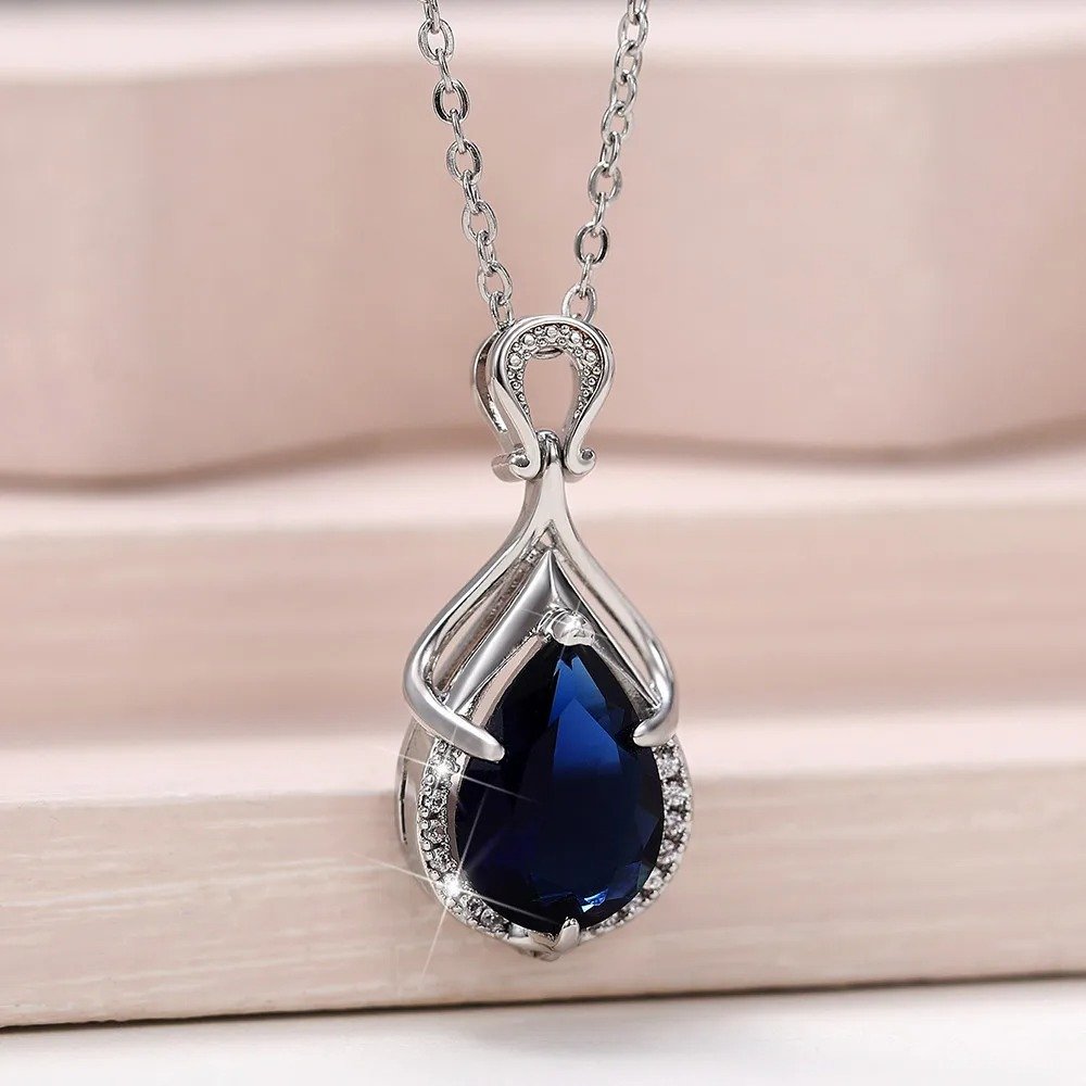 Blue Pear Pendant Necklace | Sterling Silver